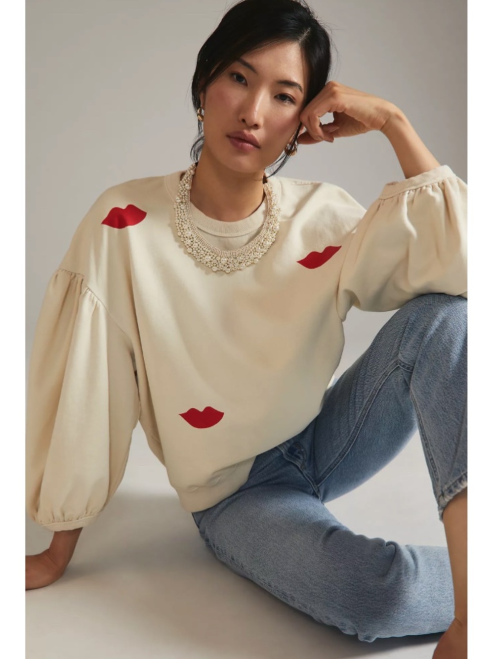 Clare V. Drop Shoulder Sweatshirt in Cream/Poppy Lips - Picture 2 of 14